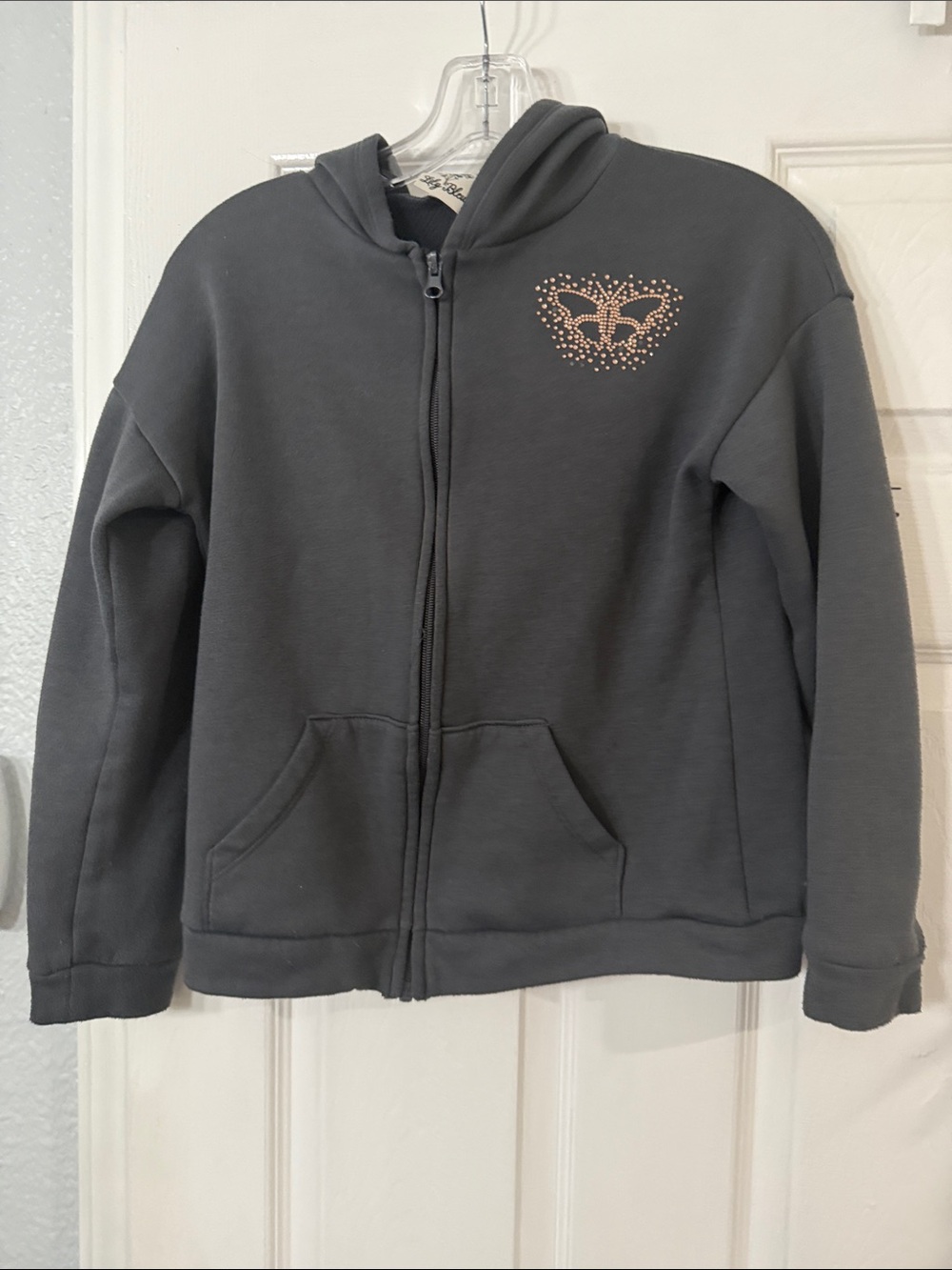Girls' Black Hooded Zip-Up Jacket with Heart Rhinestone Accent